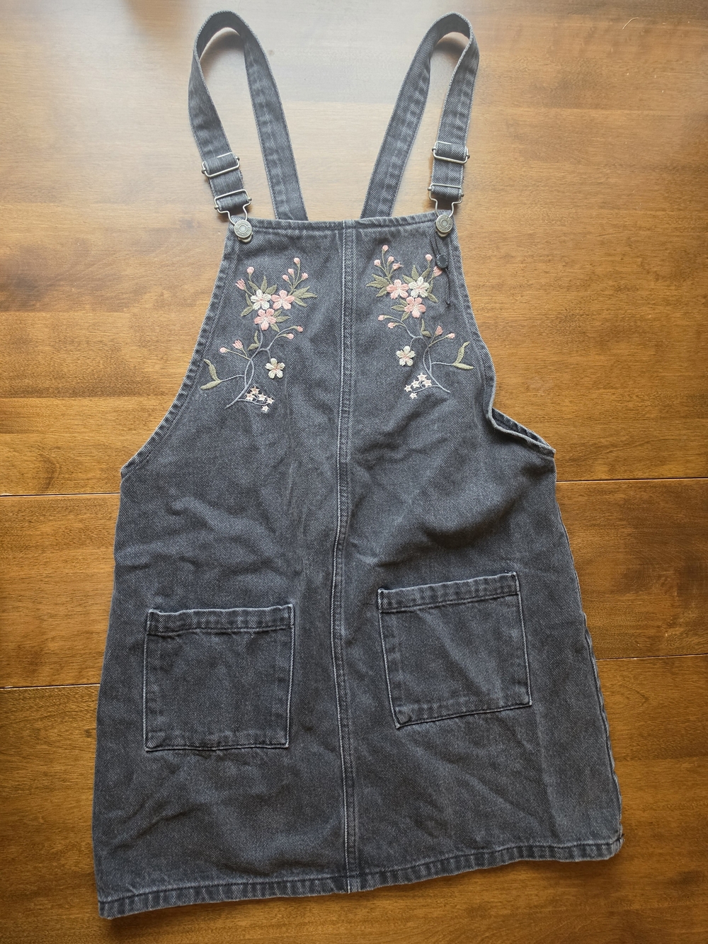 Embroidered Floral Black Denim Overall Dress Size 4